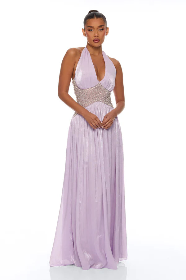 Elegant A-Line Halter Sleeveless Beaded Shimmering Lavender Floor-Length Prom Dresses For Women Gown