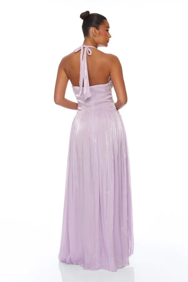 Elegant A-Line Halter Sleeveless Beaded Shimmering Lavender Floor-Length Prom Dresses For Women Gown
