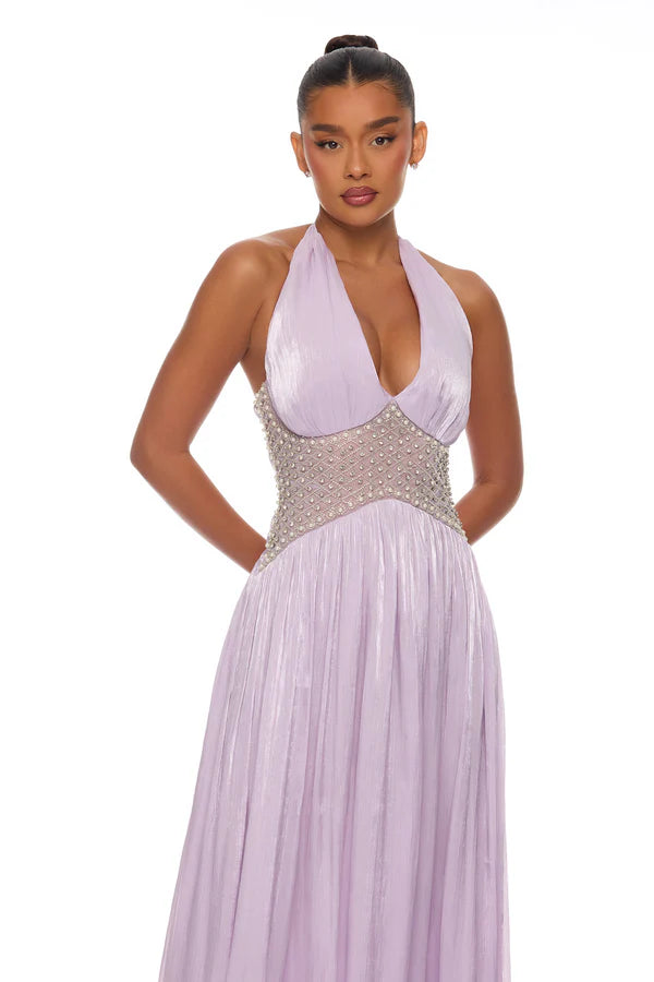 Elegant A-Line Halter Sleeveless Beaded Shimmering Lavender Floor-Length Prom Dresses For Women Gown
