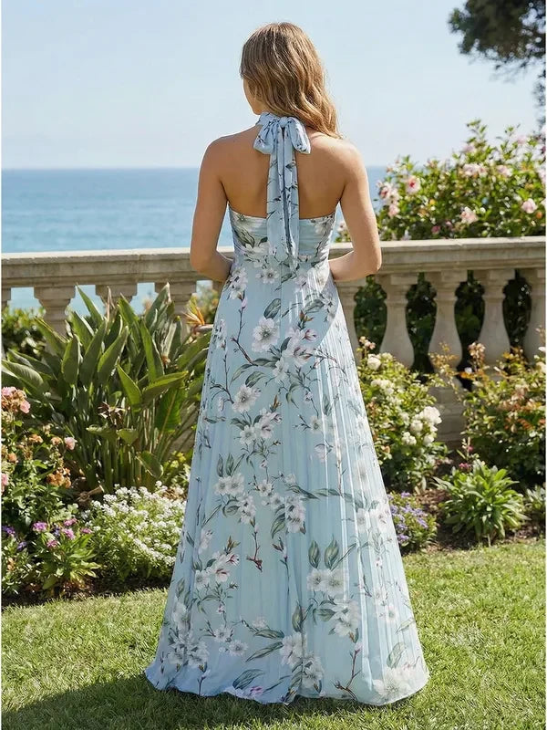 Elegant A-Line Halter Sleeveless Floral Pleated Light Blue Floor-Length Prom Dresses