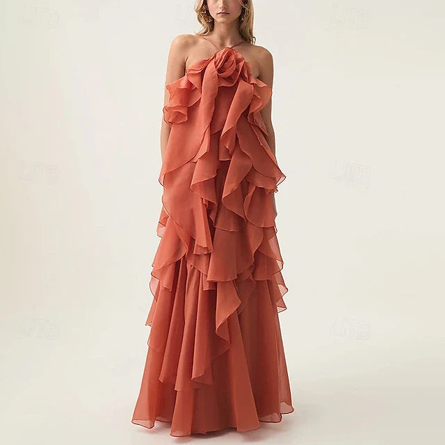 Elegant A-Line Halter Sleeveless Floral Ruffled Terracotta Floor-Length Prom Gown