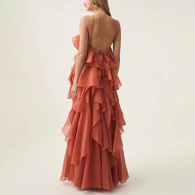 Elegant A-Line Halter Sleeveless Floral Ruffled Terracotta Floor-Length Prom Gown