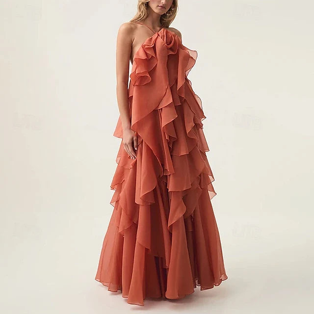 Elegant A-Line Halter Sleeveless Floral Ruffled Terracotta Floor-Length Prom Gown