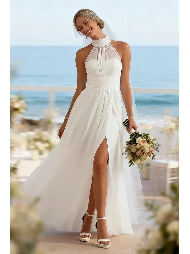 Elegant A-Line Halter Sleeveless High Slit White Floor-Length Prom Dress Gown