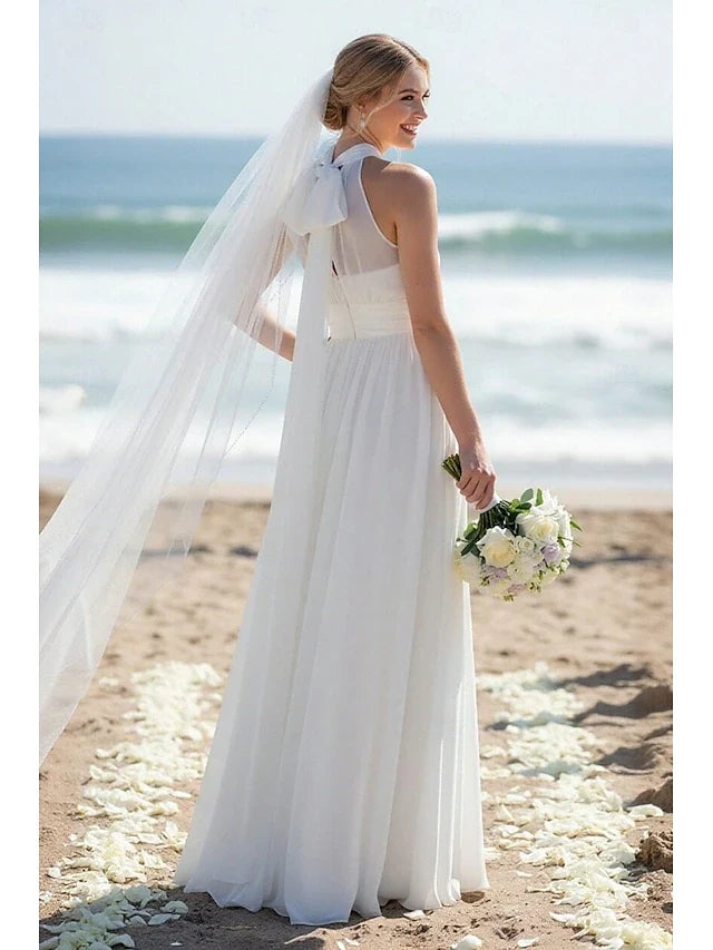Elegant A-Line Halter Sleeveless High Slit White Floor-Length Prom Dress Gown