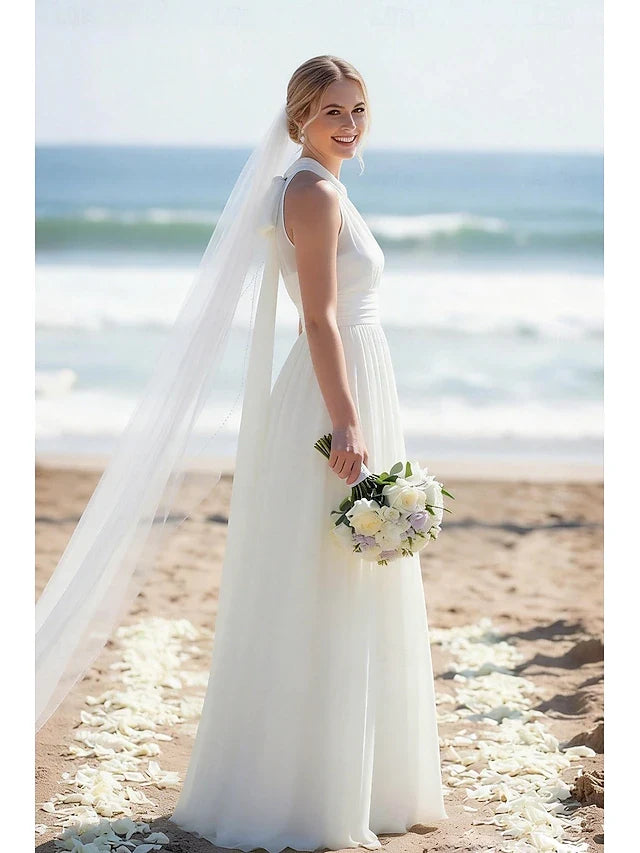 Elegant A-Line Halter Sleeveless High Slit White Floor-Length Prom Dress Gown