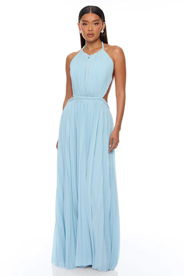 Elegant A-Line Halter Sleeveless Pleated Cutout Light Blue Floor-Length Prom Gown