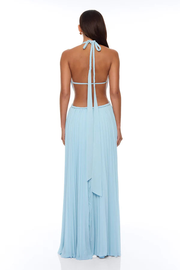 Elegant A-Line Halter Sleeveless Pleated Cutout Light Blue Floor-Length Prom Gown
