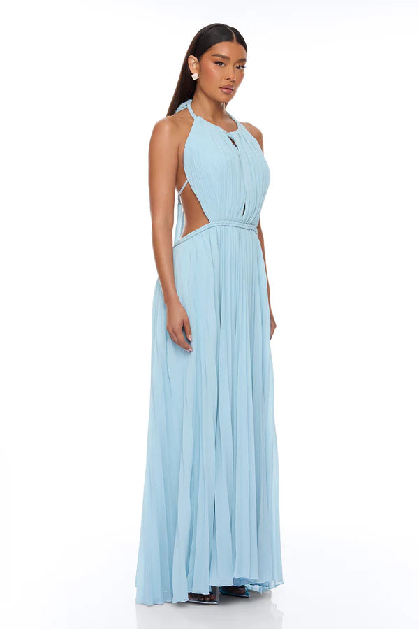 Elegant A-Line Halter Sleeveless Pleated Cutout Light Blue Floor-Length Prom Gown