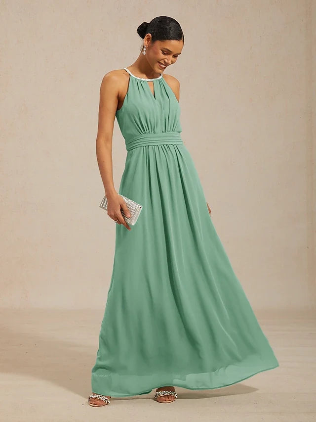 Elegant A-Line Halter Sleeveless Pleated Sage Green Floor-Length Prom Dress for Women