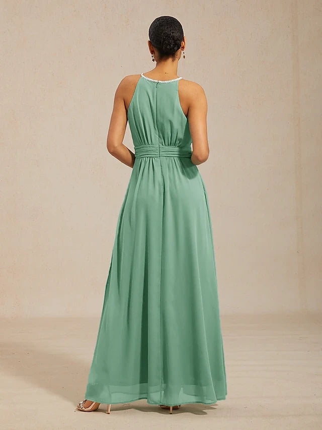 Elegant A-Line Halter Sleeveless Pleated Sage Green Floor-Length Prom Dress for Women
