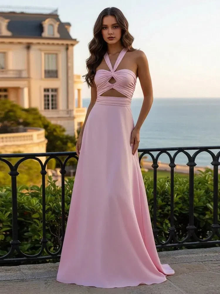 Elegant A-Line Halter Sleeveless Ruched Backless Pink Floor-Length Prom Dresses Gown