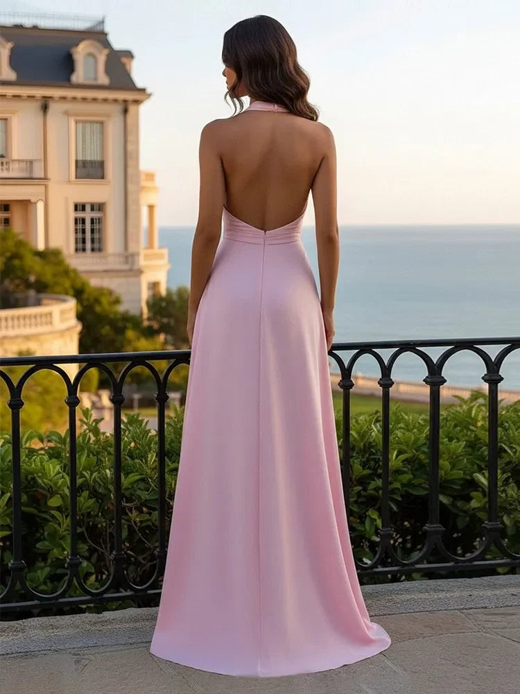Elegant A-Line Halter Sleeveless Ruched Backless Pink Floor-Length Prom Dresses Gown