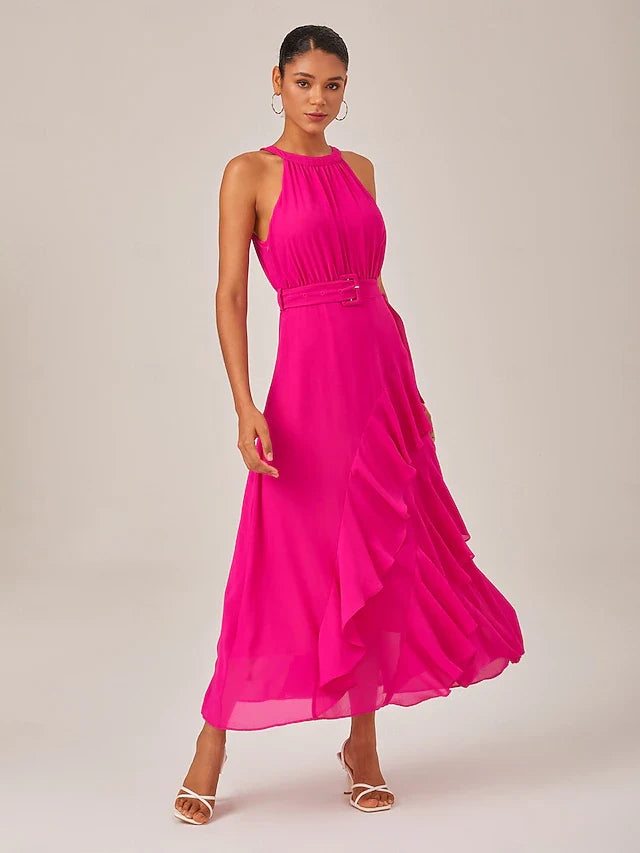 Elegant A-Line Halter Sleeveless Ruffled Belted Fuchsia Midi Women's Prom Dresses Gown