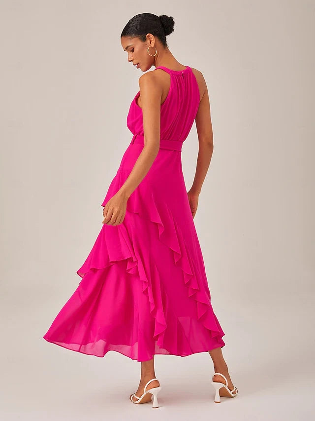 Elegant A-Line Halter Sleeveless Ruffled Belted Fuchsia Midi Women's Prom Dresses Gown