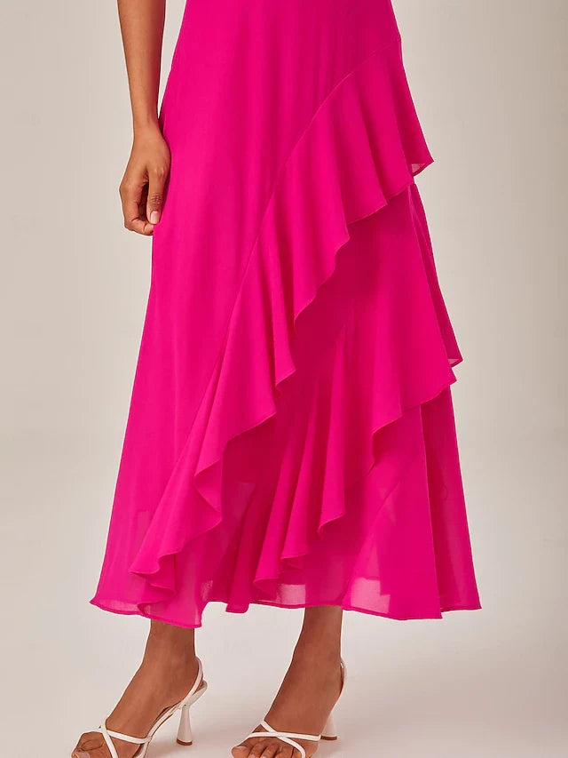 Elegant A-Line Halter Sleeveless Ruffled Belted Fuchsia Midi Women's Prom Dresses Gown