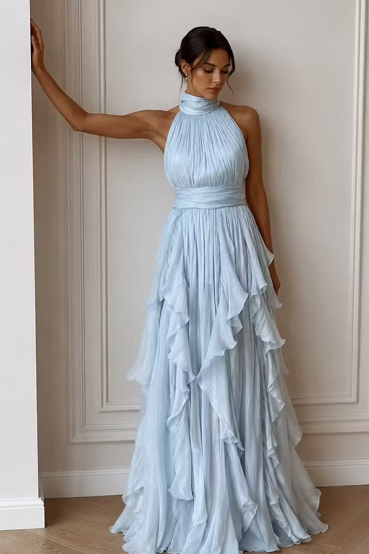 Elegant A-Line Halter Sleeveless Tiered Ruffled Sky Blue Floor-Length Prom Gown