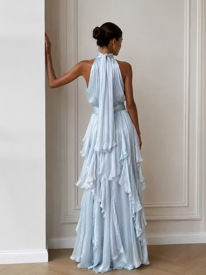 Elegant A-Line Halter Sleeveless Tiered Ruffled Sky Blue Floor-Length Prom Gown