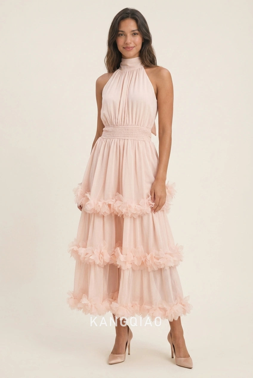 Elegant A-Line Halter Tiered Ruffle Blush Pink Midi Prom Dresses