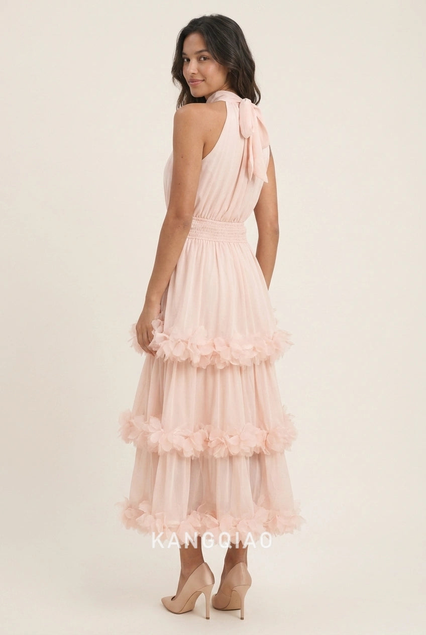 Elegant A-Line Halter Tiered Ruffle Blush Pink Midi Prom Dresses