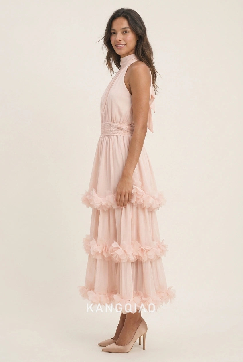 Elegant A-Line Halter Tiered Ruffle Blush Pink Midi Prom Dresses