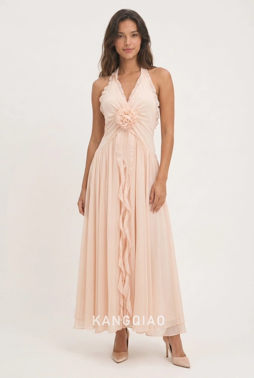 Elegant A-Line Halter V-Neck Ruffled Floral Blush Pink Floor-Length Prom Dresses