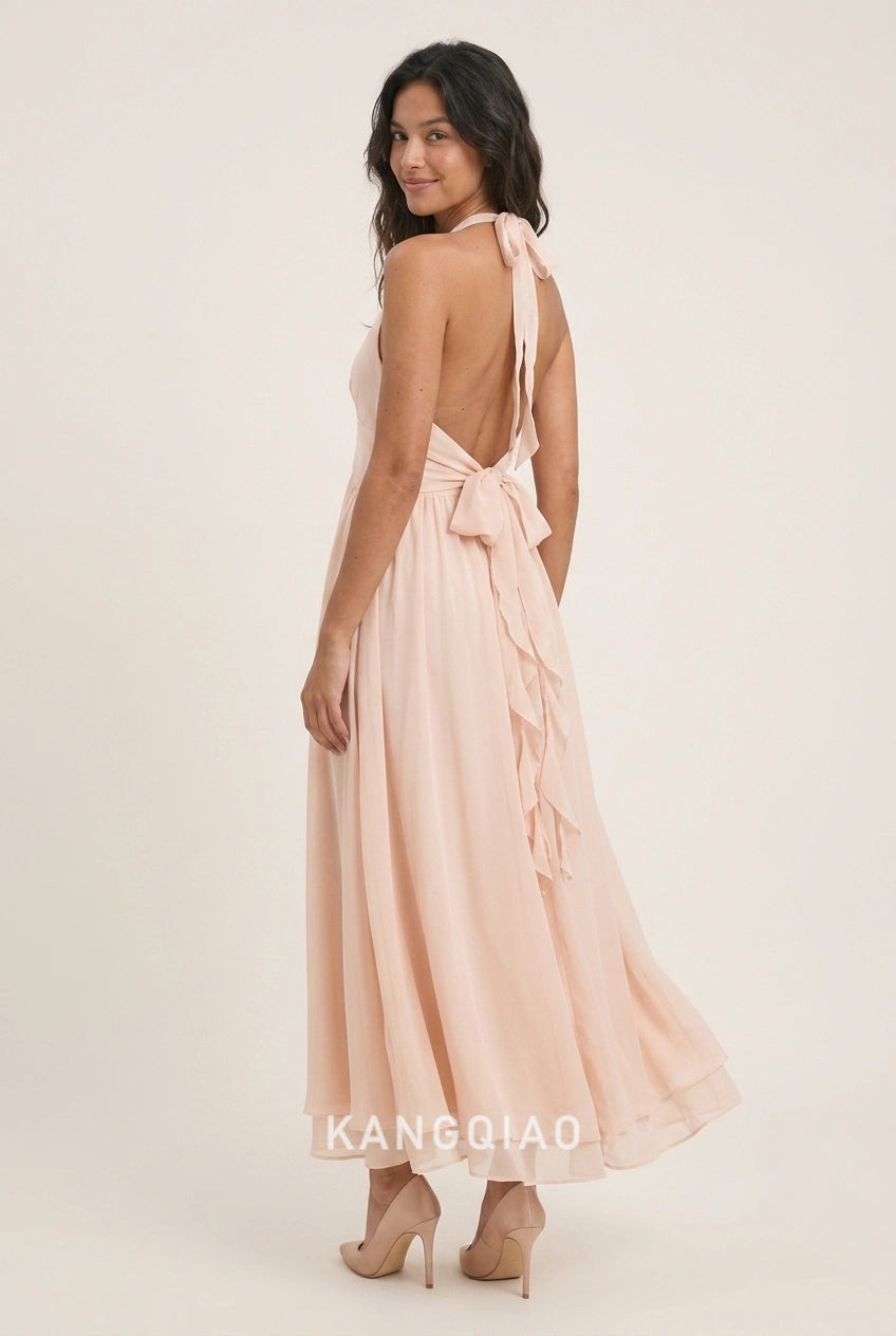 Elegant A-Line Halter V-Neck Ruffled Floral Blush Pink Floor-Length Prom Dresses