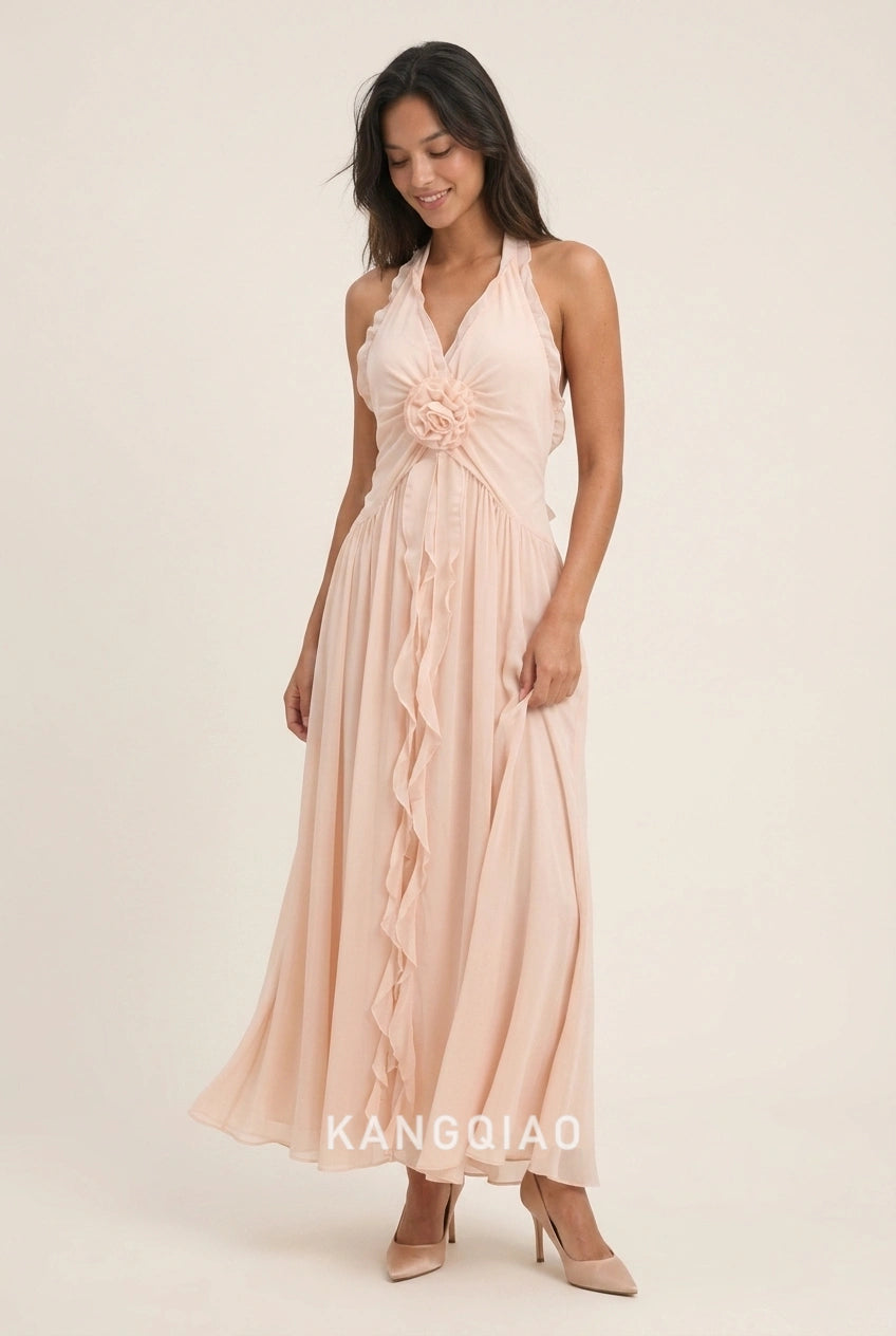 Elegant A-Line Halter V-Neck Ruffled Floral Blush Pink Floor-Length Prom Dresses