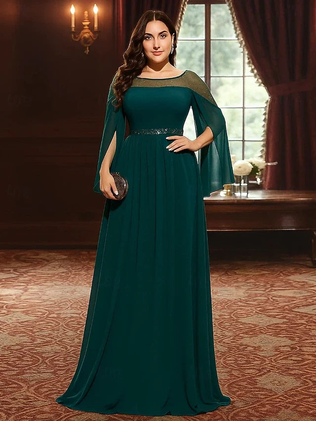 Elegant A-Line Illusion Boat Neck Long Sleeve Emerald Green Floor-Length Prom Dress