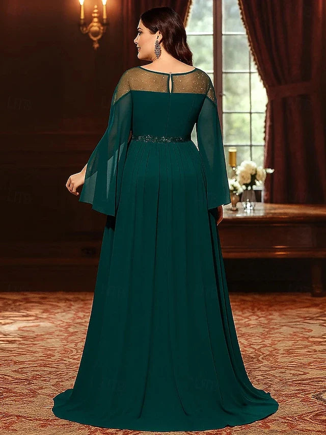 Elegant A-Line Illusion Boat Neck Long Sleeve Emerald Green Floor-Length Prom Dress