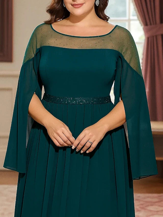 Elegant A-Line Illusion Boat Neck Long Sleeve Emerald Green Floor-Length Prom Dress