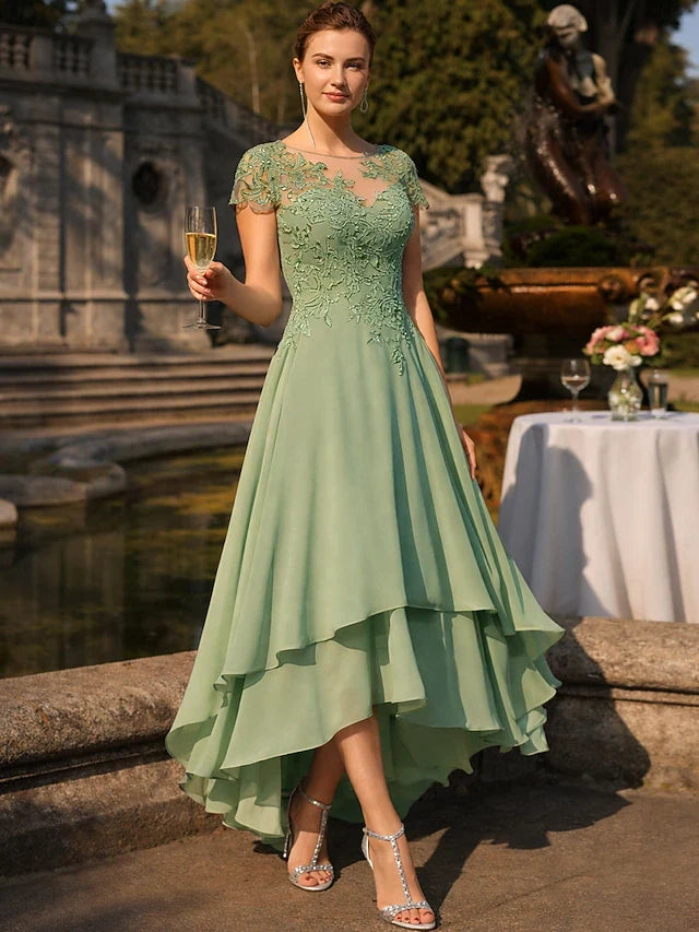 Elegant A-Line Illusion Boat Neck Short Sleeve Lace Applique Sage Green High-Low Prom Gown