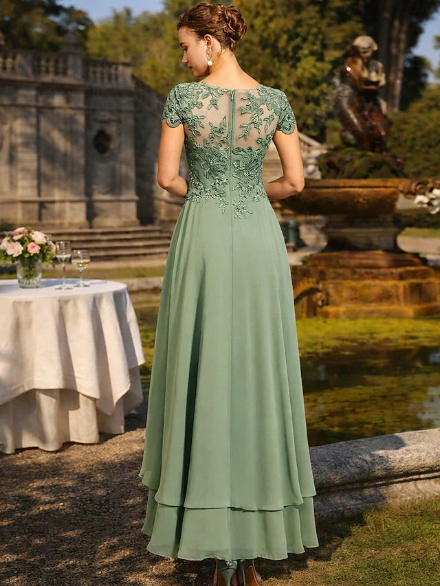 Elegant A-Line Illusion Boat Neck Short Sleeve Lace Applique Sage Green High-Low Prom Gown
