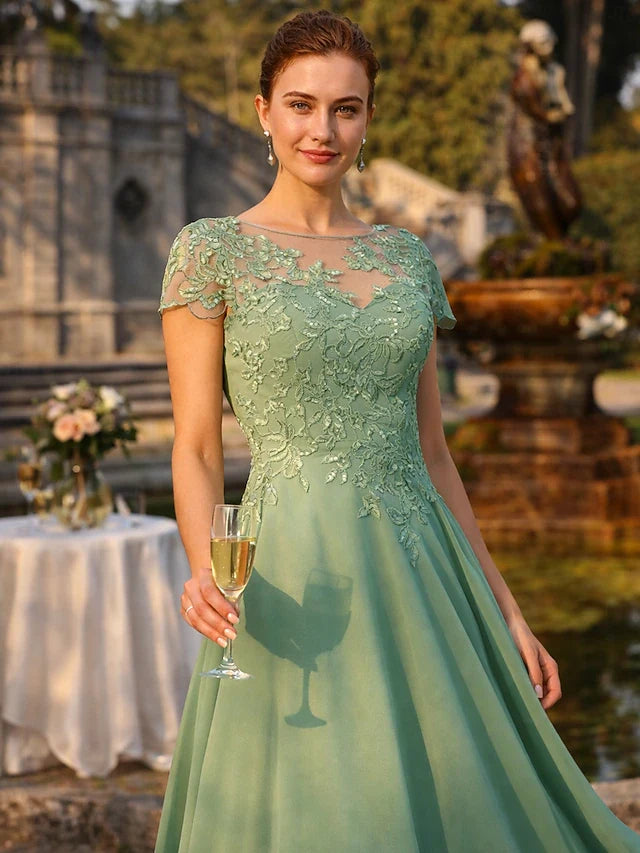 Elegant A-Line Illusion Boat Neck Short Sleeve Lace Applique Sage Green High-Low Prom Gown