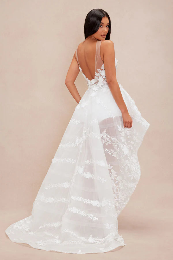 Elegant A-Line Illusion Sleeveless Floral Applique White High-Low Prom Dresses Women's Gown