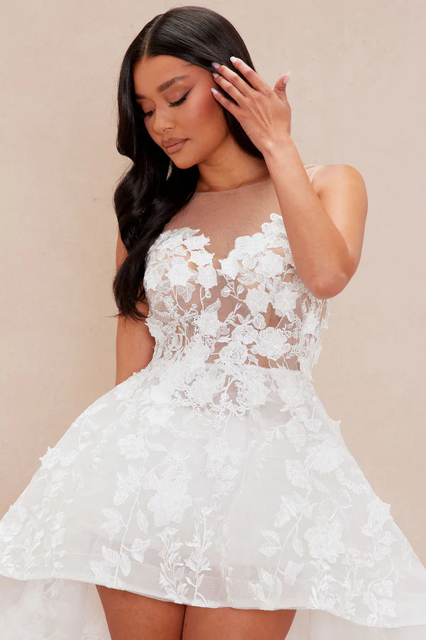 Elegant A-Line Illusion Sleeveless Floral Applique White High-Low Prom Dresses Women's Gown