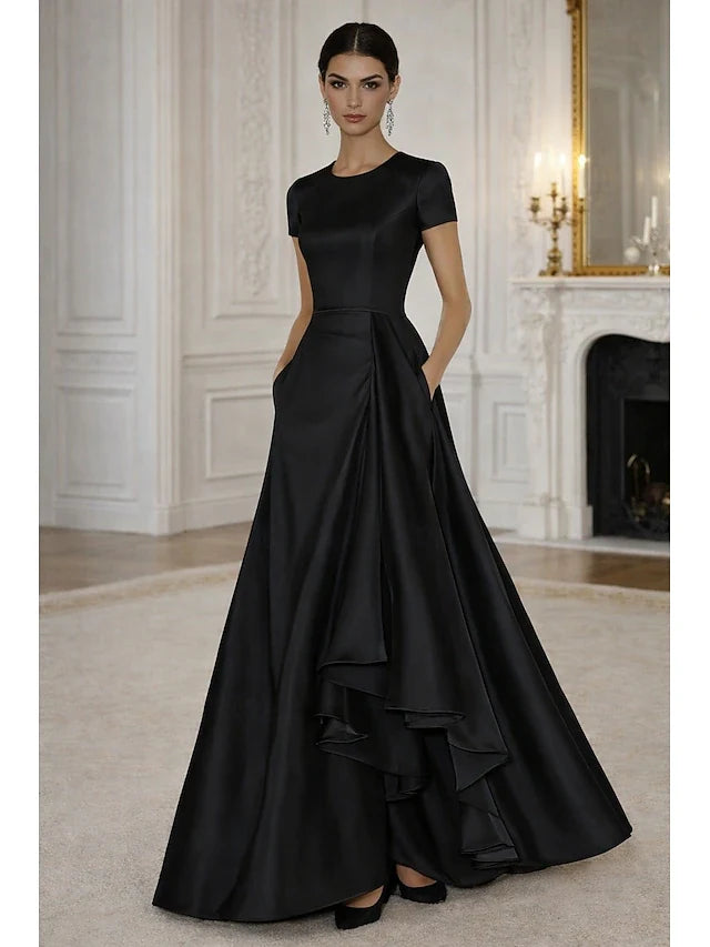 Elegant A-Line Jewel Neck Short Sleeve Black Floor-Length Prom Dresses Gown