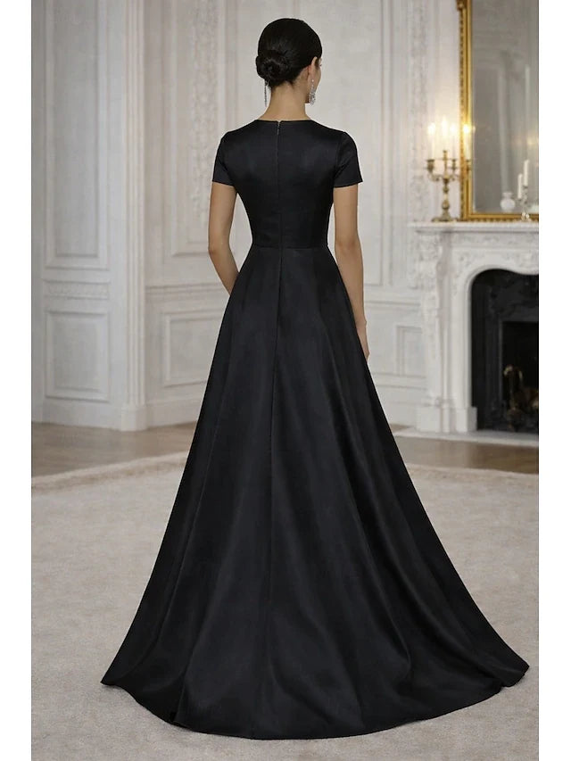 Elegant A-Line Jewel Neck Short Sleeve Black Floor-Length Prom Dresses Gown