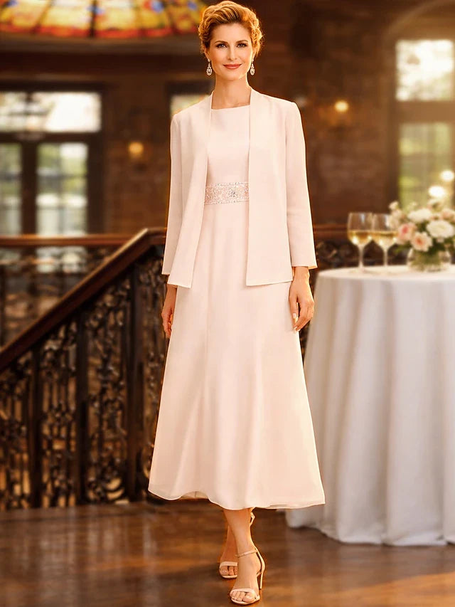 Elegant A-Line Jewel Neck Sleeveless Modest Blush Pink Midi Prom Gown