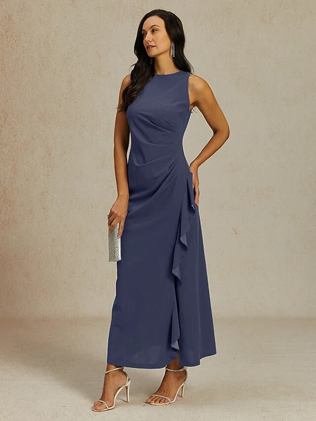 Elegant A-Line Jewel Neck Sleeveless Ruched Ruffled Dusty Blue Maxi Prom Dress Women's
