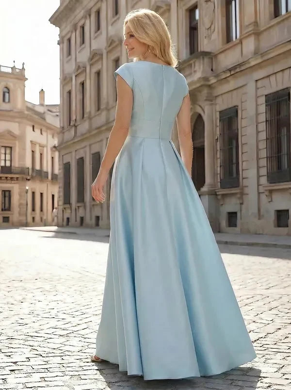 Elegant A-Line Mandarin Collar Cap Sleeves Chic Light Blue Floor-Length Prom Dress