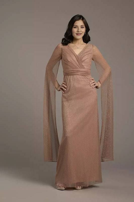 Elegant  A-Line Metallic V-Neck Sheer Long Sleeve Zip-Back Ankle-Length Mother of the Bride Dress Hot Sale ﻿