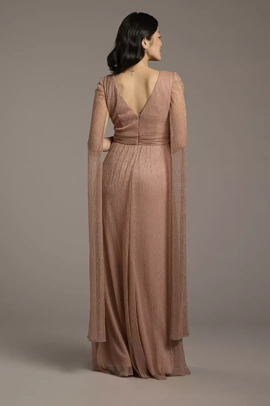 Elegant  A-Line Metallic V-Neck Sheer Long Sleeve Zip-Back Ankle-Length Mother of the Bride Dress Hot Sale ﻿