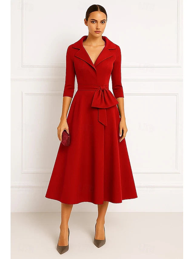 Elegant A-Line Notched-Lapel Three-Quarter-Sleeve Belted Red Midi Prom Dress