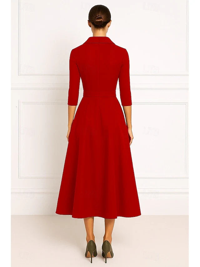 Elegant A-Line Notched-Lapel Three-Quarter-Sleeve Belted Red Midi Prom Dress