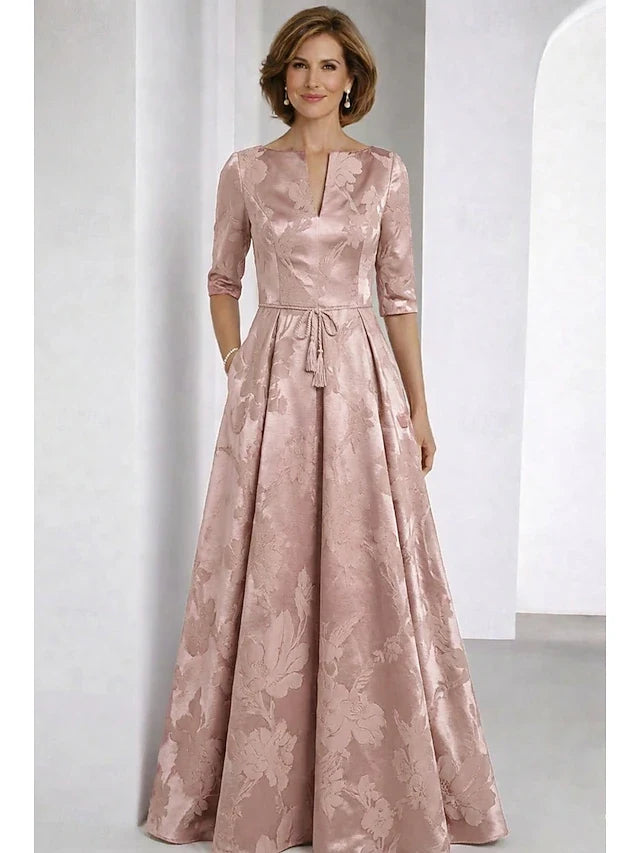 Elegant A-Line Notched Boat Neck Three-Quarter Sleeve Floral Dusty Rose Floor-Length Prom Dresses