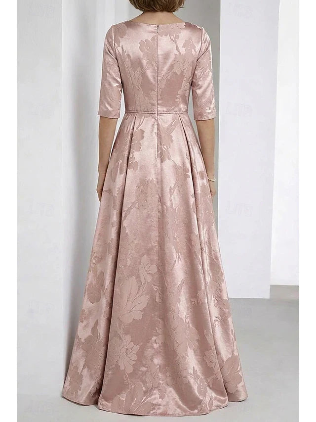 Elegant A-Line Notched Boat Neck Three-Quarter Sleeve Floral Dusty Rose Floor-Length Prom Dresses
