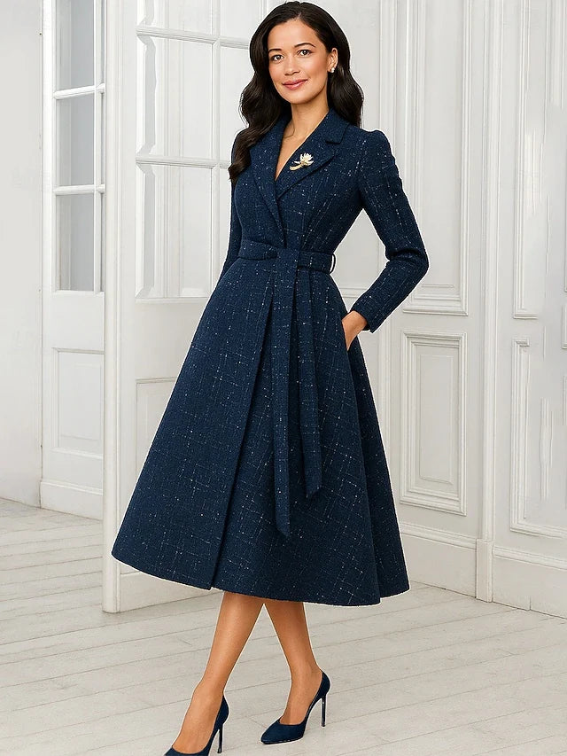 Elegant A-Line Notched Long Sleeve Wrap Belted Dark Blue Midi Prom Dress Women's