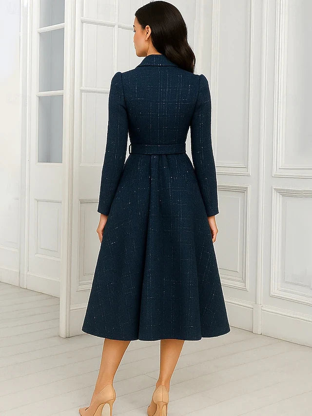 Elegant A-Line Notched Long Sleeve Wrap Belted Dark Blue Midi Prom Dress Women's