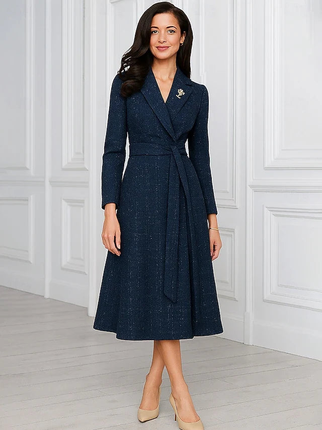 Elegant A-Line Notched Long Sleeve Wrap Belted Dark Blue Midi Prom Dress Women's